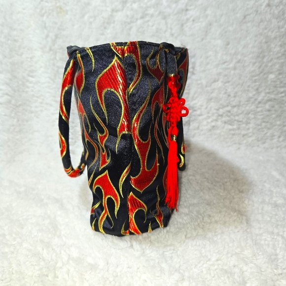 Cute Mini Bag w/ Black Red Gold Flames on Silk Brocade w/ Asian Symbol & snaps - Picture 3 of 11